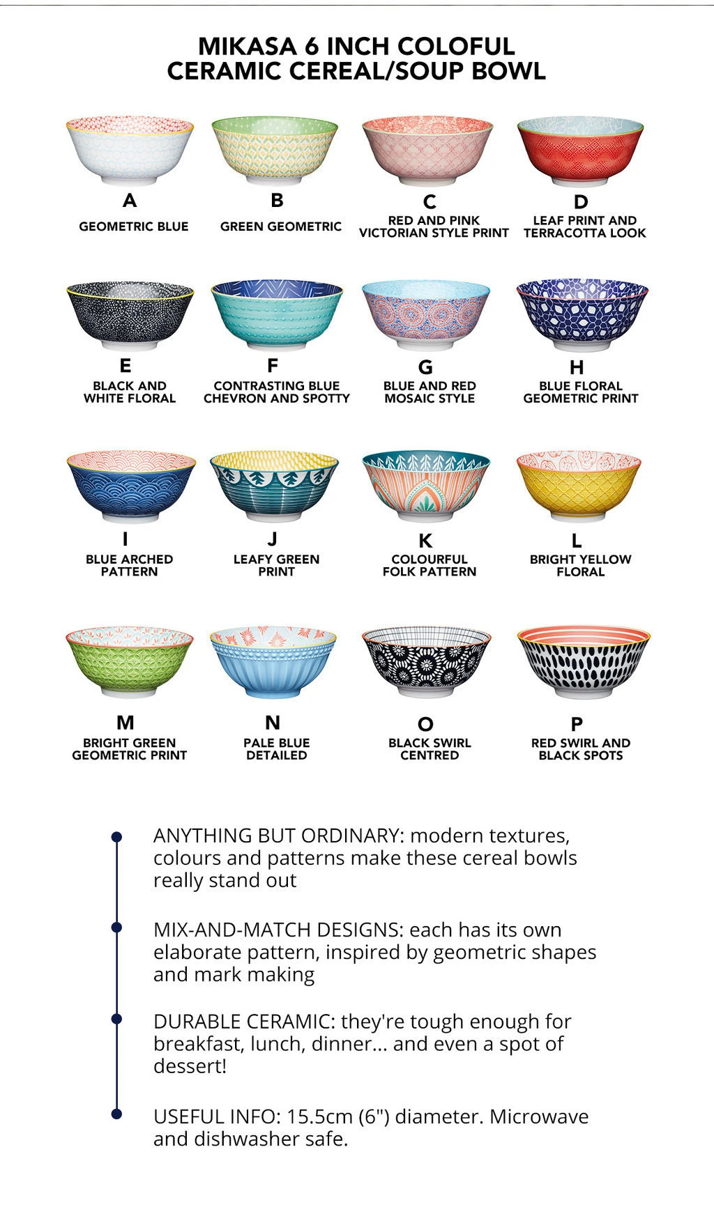 Mikasa 6 Inch -16 Design Coloful /Floral / Geometric / Mosaic Style - Ceramic Cereal /Soup Bowl, sharing bowl servings of porridge, soup, noodles & pie, Dishwasher & Microwave-safe | Shopee Thailand