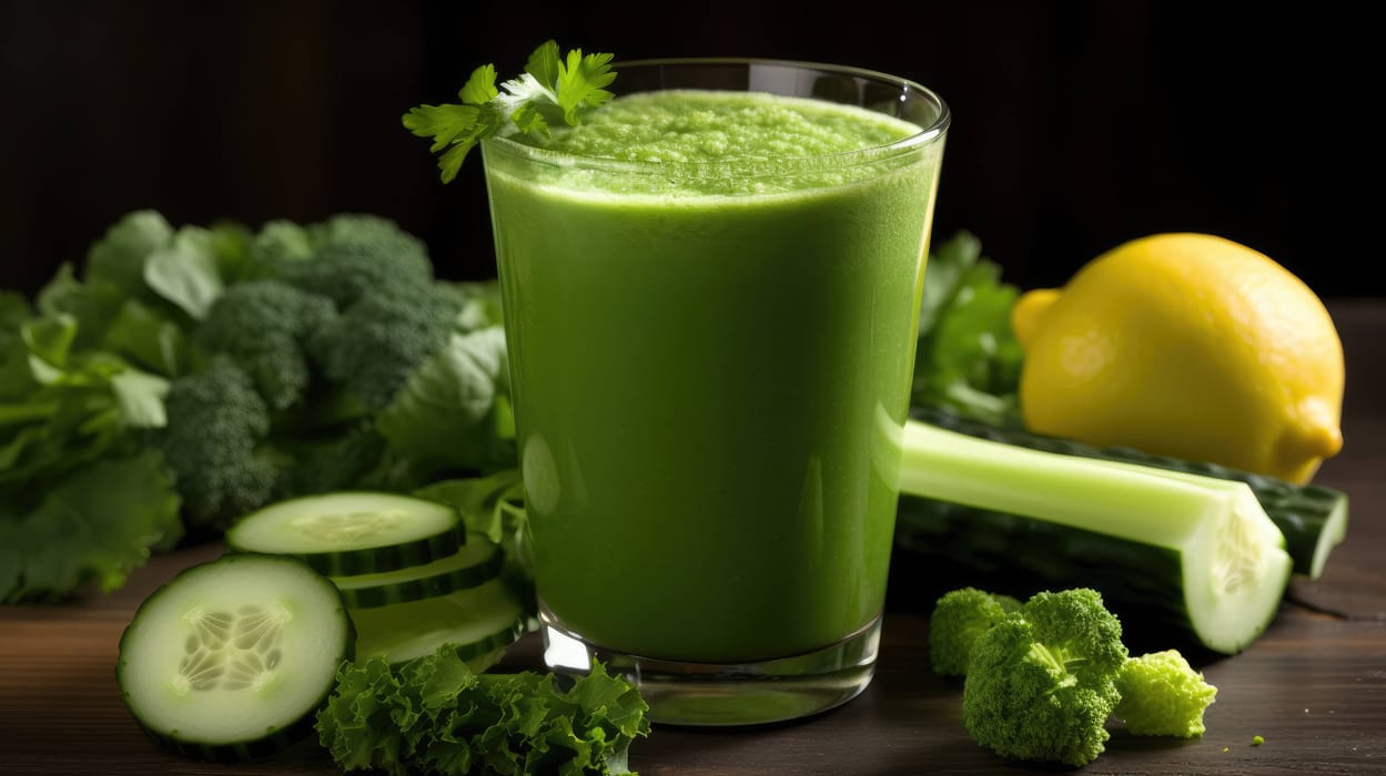 Wholesome Green Juice with a variety of leafy greens and a slice of cucumber