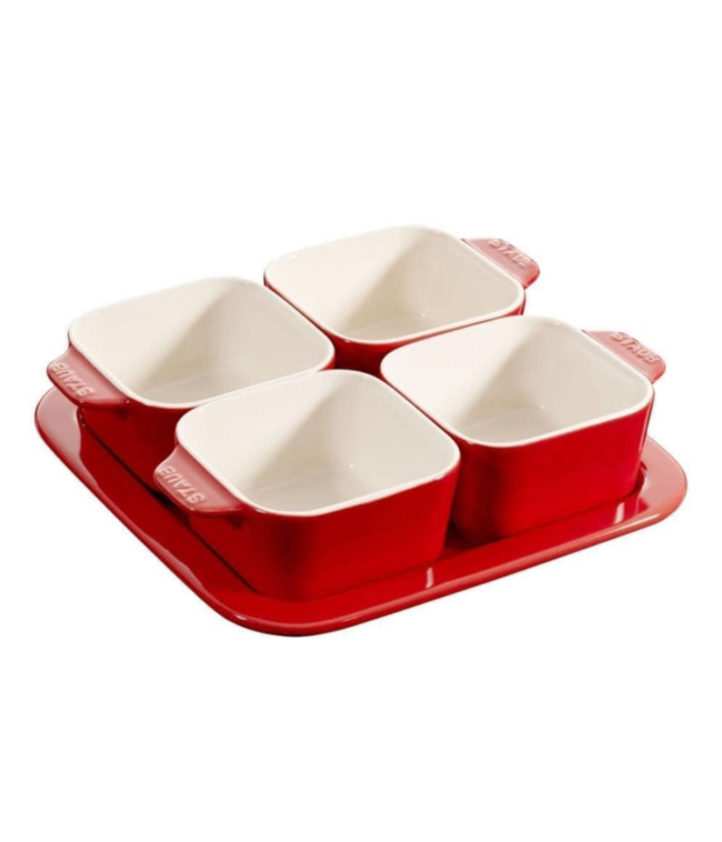 SET 5 MÓN SỨ STAUB TAPAS (4 HŨ VUÔNG + 1 ĐĨA) MÀU ĐỎ