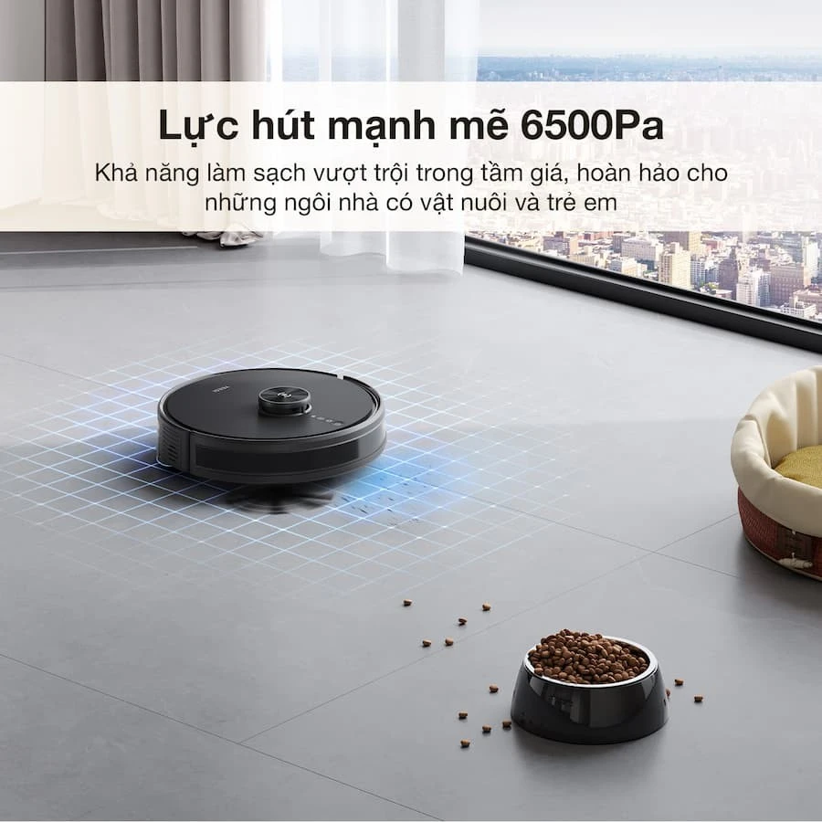 công suất hoạt động 35W, robot có thể nâng cao lực hút lên đến 6500 Pa