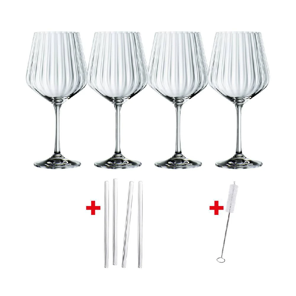 Nachtmann Tastes Good Set Of 8pcs Lead Free Crystal Gin Tonic Set Consist Of 4xGin Tonic Glass 640ml, 4xGlass Straw L15cm, 1xCleaning Brush L15cm - ToTT Store Singapore