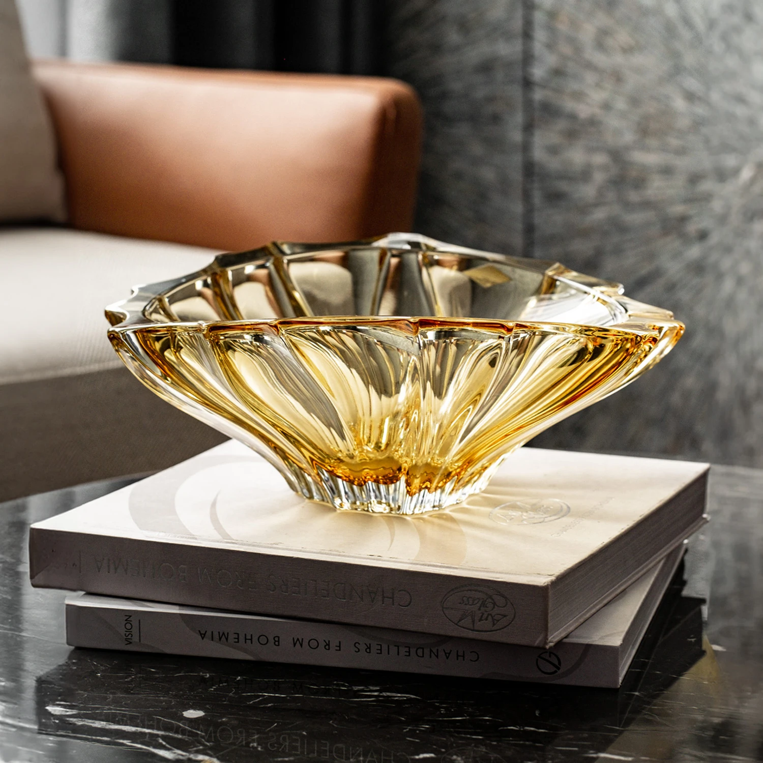 Tô pha lê Bohemia Plantica Amber vàng 33cm - EuromiXX