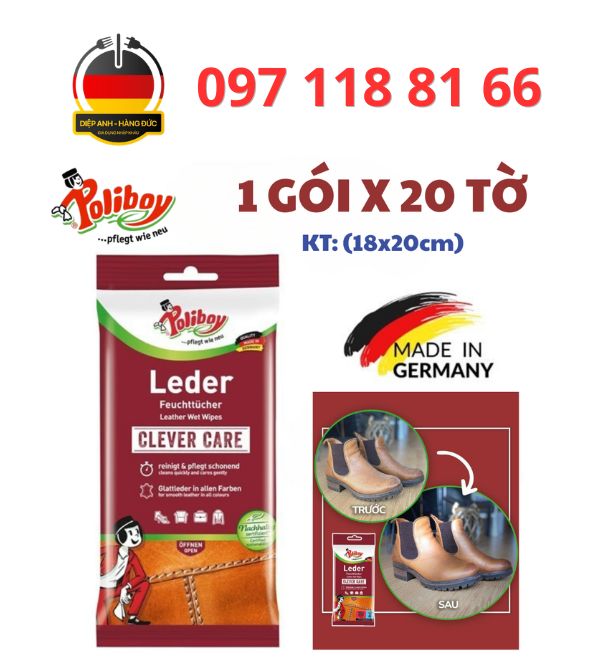 Khăn ướt chăm sóc đồ da Poliboy Leather Wipes 20 miếng - Diệp Anh hàng Đức